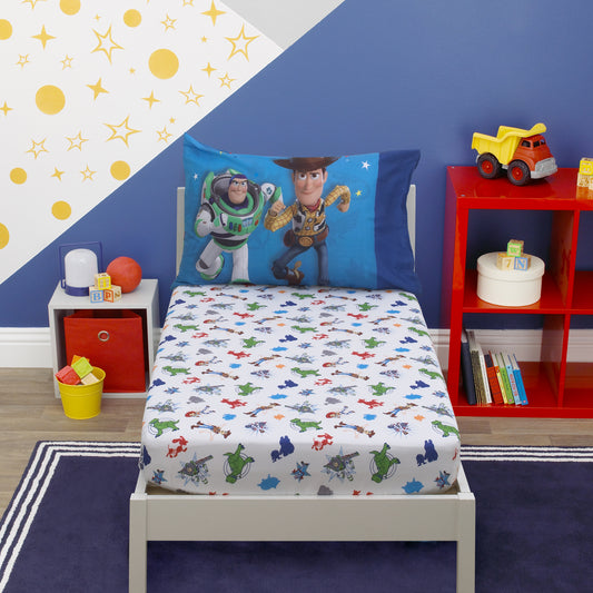 Disney Toy Story 4 - Blue, Green, Red 2 Piece Toddler Sheet Set with Fitted Crib Sheet and Pillowcase