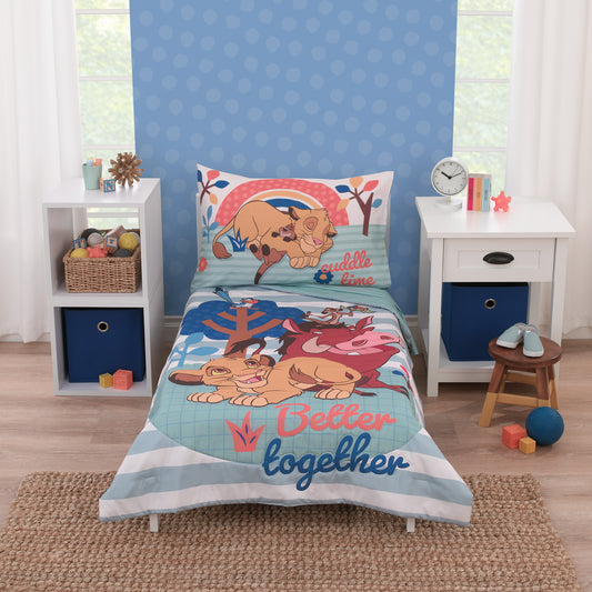 Disney The Lion King Blue, Tan, and Orange, Better Together 4 Piece Toddler Bed Set - Comforter, Fitted Bottom Sheet, Flat Top Sheet, and Reversible Pillowcase