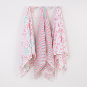 Disney Minnie Mouse Pink, Aqua, and White 3 Piece Muslin Swaddle Baby Blanket Set