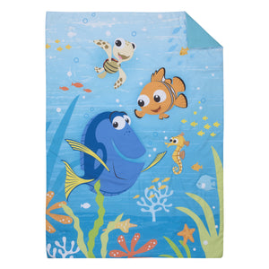 Disney Finding Nemo Aqua, Orange, and Green Let's Explore 4 Piece Toddler Bed Set - Comforter, Fitted Bottom Sheet, Flat Top Sheet, and Reversible Pillowcase