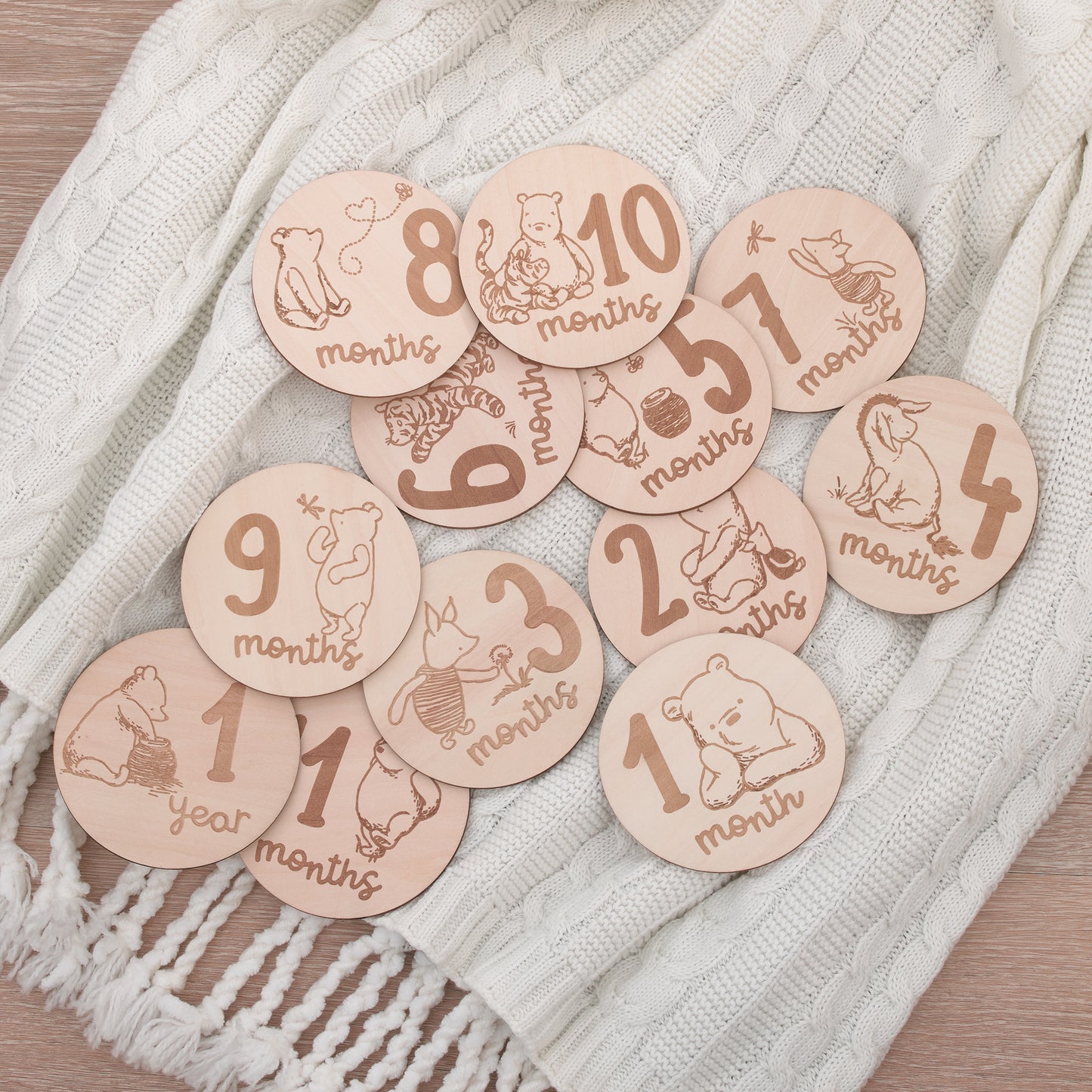 Disney Classic Winnie the Pooh Natural Wood Tone, 12 Piece Wooden Engraved Milestone Cards