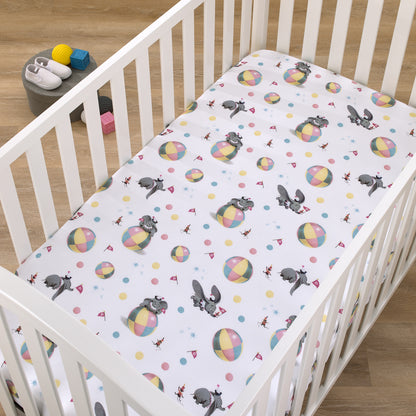 Disney Vintage Dumbo - Gray, White and Multi-Colored Circus Flags, Balls and Timothy Mouse Nursery Fitted Crib Sheet