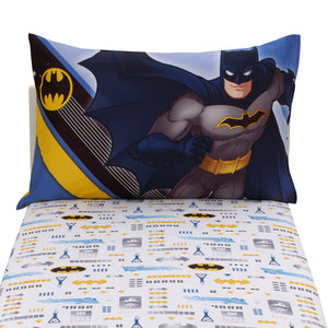 Warner Bros  Batman The Caped Crusader Blue, Gray, and Yellow Bat-Signal and Batmobile 2 Piece Toddler Sheet Set - Fitted Bottom Sheet and Reversible Pillowcase
