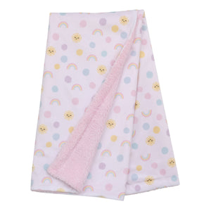 NoJo Happy Days Pink, Yellow and Blue Rainbows, Sun and Polka-Dot Super Soft Sherpa Baby Blanket