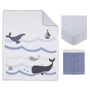 Ever & Ever Marine Navy, Light Blue, Chambray, and White Ocean Friends 3 Piece Nursery Crib Bedding Set - Comforter, Fitted Crib Sheet, and Crib Skirt