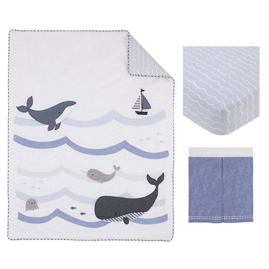 Ever & Ever Marine Navy, Light Blue, Chambray, and White Ocean Friends 3 Piece Nursery Crib Bedding Set - Comforter, Fitted Crib Sheet, and Crib Skirt