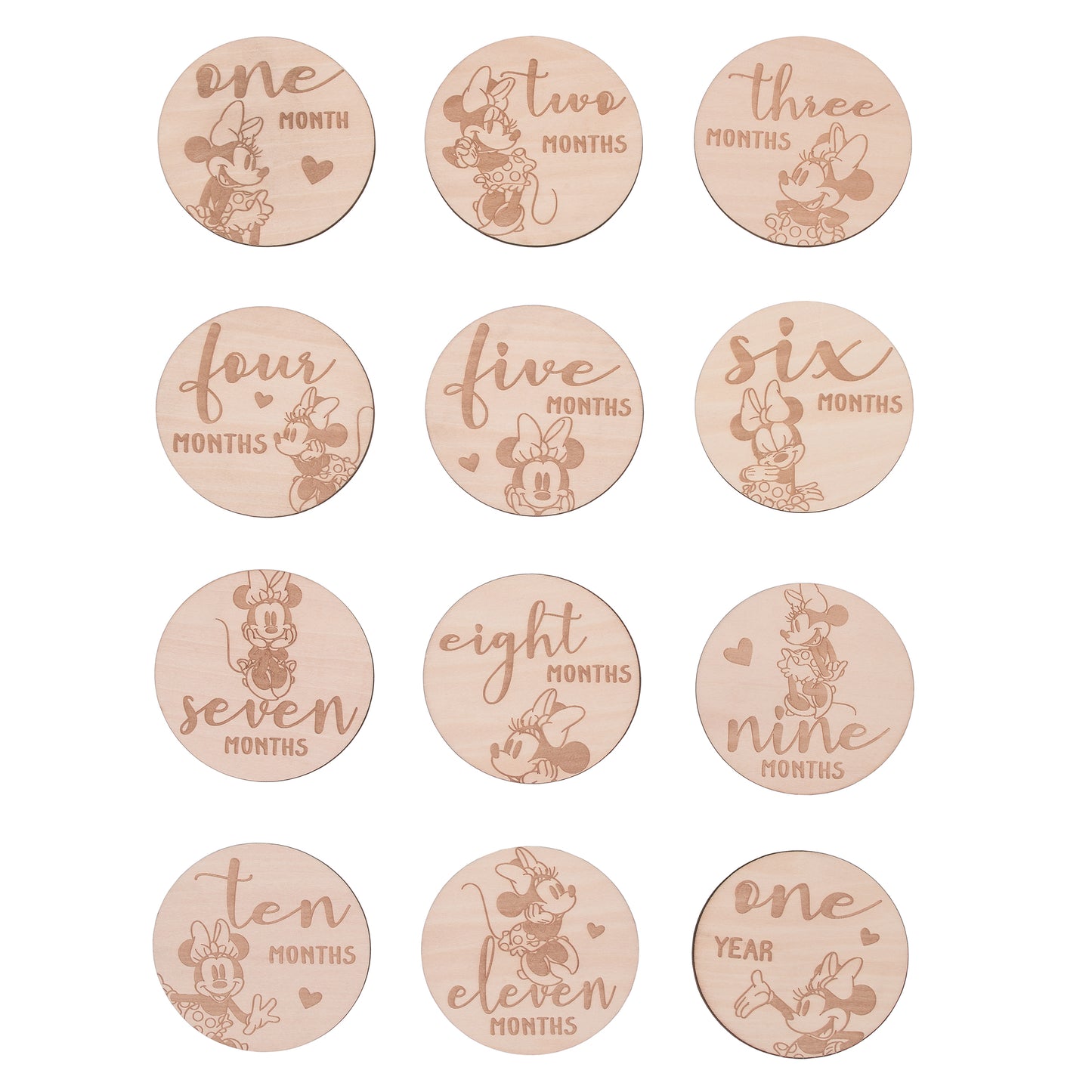 Disney Minnie Mouse Natural Wood Tone, 12 Piece Wooden Engraved Milestone Cards