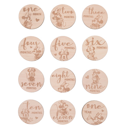 Disney Minnie Mouse Natural Wood Tone, 12 Piece Wooden Engraved Milestone Cards