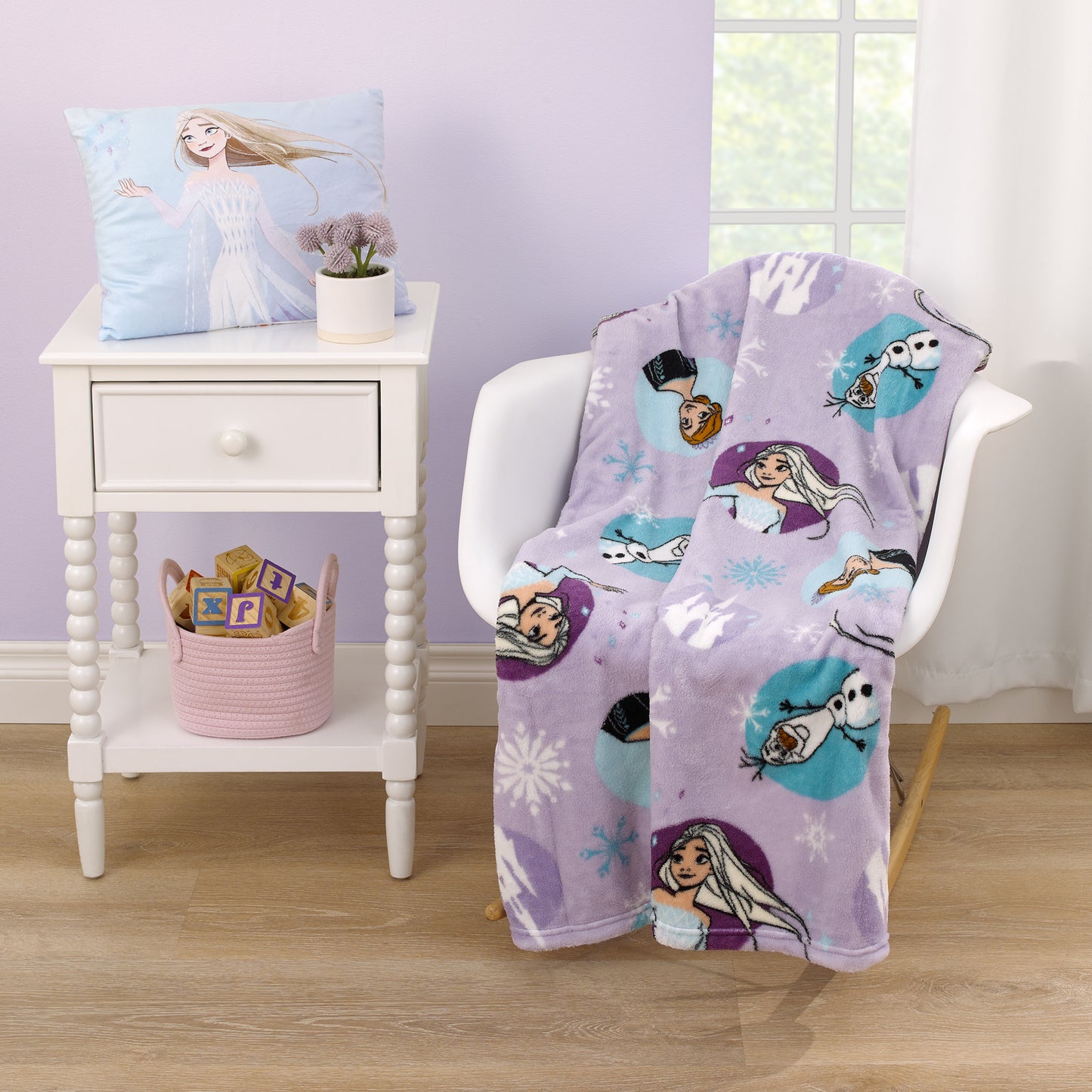 Disney Frozen Winter Cheer Lavender, Aqua, Green and White, Anna, Elsa and Olaf Toddler Blanket