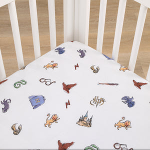 Warner Bros  Harry Potter Welcome Little Wizard Navy, Burgundy, Blue, and White 100% Cotton Fitted Crib Sheet
