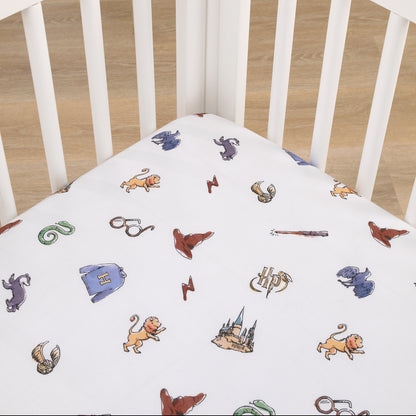 Warner Brothers Harry Potter Welcome Little Wizard Navy, Burgundy, Blue, and White 100% Cotton Fitted Crib Sheet
