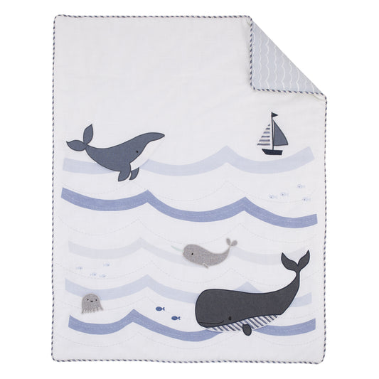 Ever & Ever Marine Navy, Light Blue, Chambray, and White Ocean Friends 3 Piece Nursery Crib Bedding Set - Comforter, Fitted Crib Sheet, and Crib Skirt