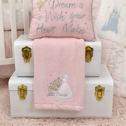 Disney Princess Enchanting Dreams Pink Cinderella Applique and Embroidered Super Soft Baby Blanket with a Silver Sparkle Organza Trim