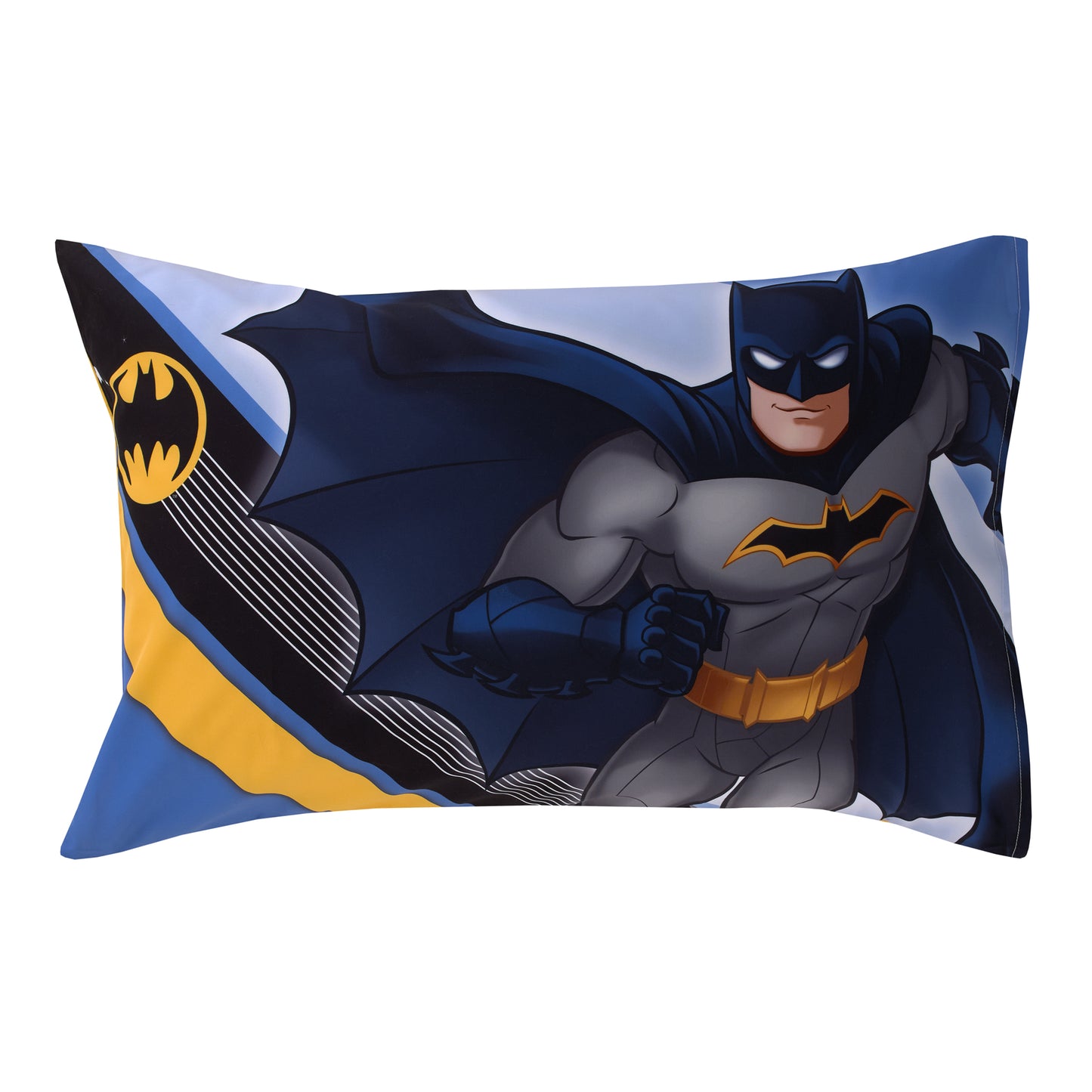 Warner Brothers Batman The Caped Crusader Navy, Gray, and Yellow Bat-Signal 4 Piece Toddler Bed Set - Comforter, Fitted Bottom Sheet, Flat Top Sheet and Reversible Pillowcase