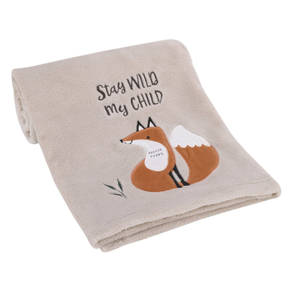 Little Love by NoJo Woodland Meadow Taupe and Tan, Fox Stay Wild My Child Super Soft Applique Baby Blanket