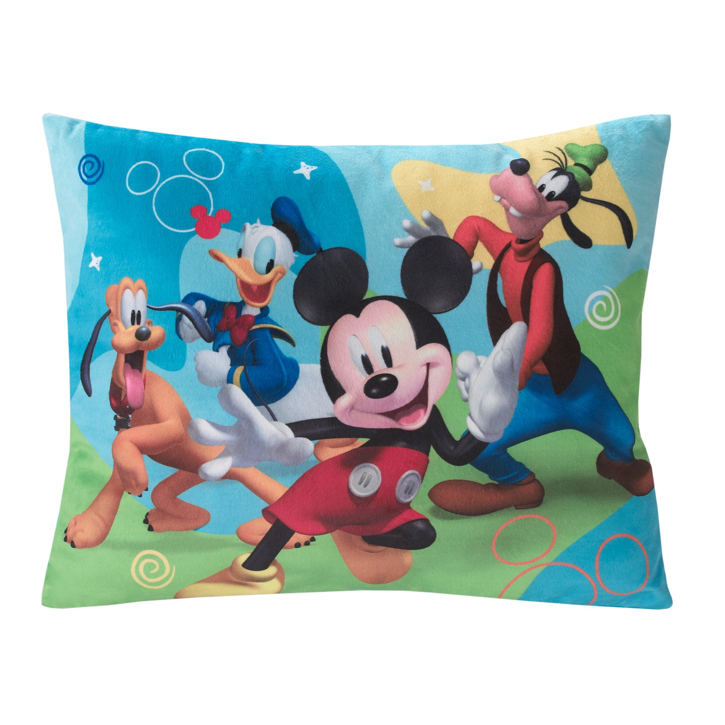 Disney Mickey Mouse Blue, Red, and Green, Donald Duck, Pluto, and Goofy Fun Starts Here Decorative Toddler Pillow