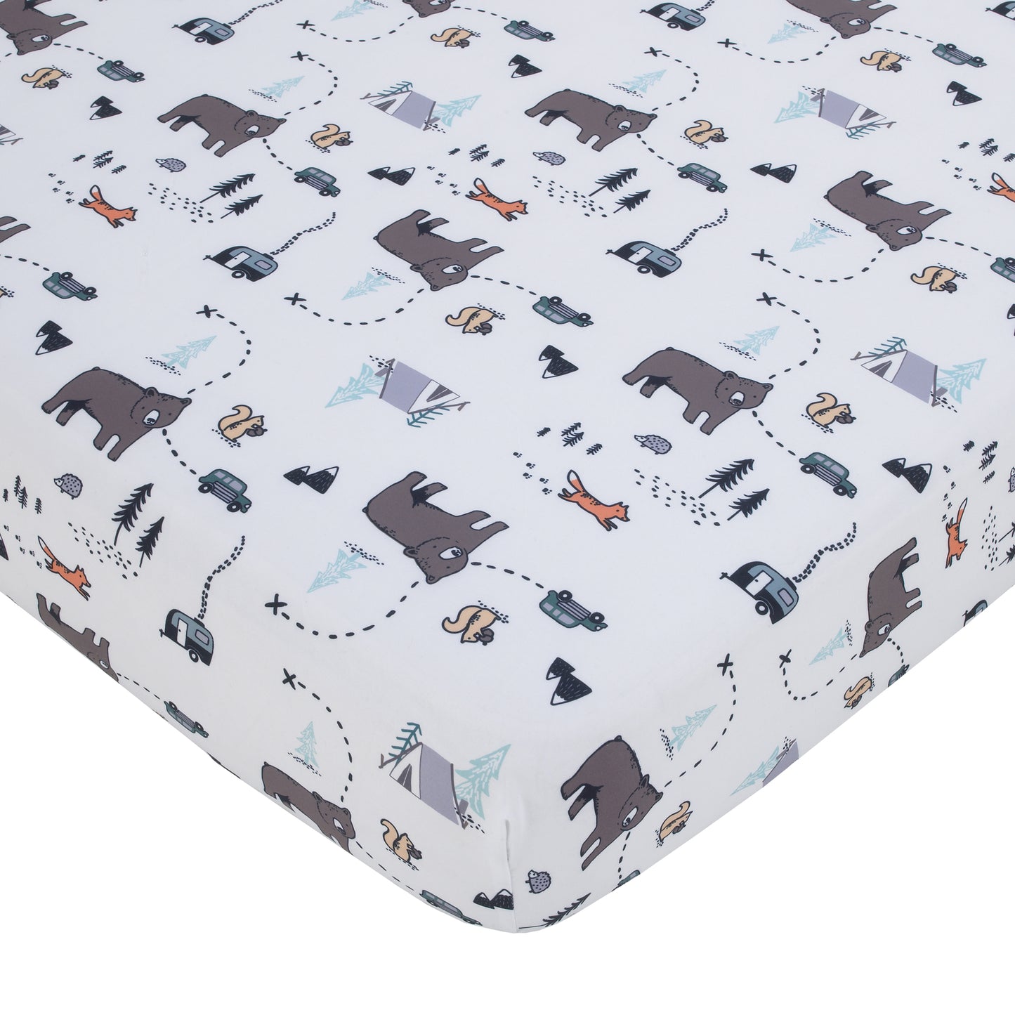 Carter's Woodland Friends White and Multi Colored Bear, Fox, Squirrel, Tree, and Camper Fitted Crib Sheet
