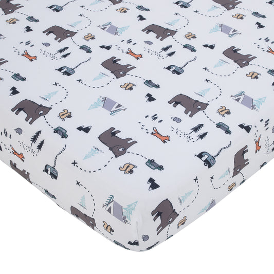 Woodland Friends White and Multi Colored Bear, Fox, Squirrel, Tree, and Camper Fitted Crib Sheet