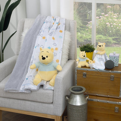 Disney Winnie the Pooh White, Yellow, and Aqua Sunshine and Clouds Super Soft Velboa with Sherpa Back Baby Blanket
