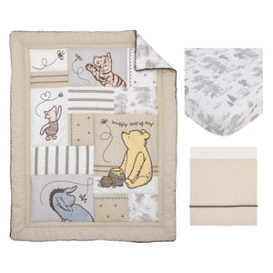 Disney Classic Pooh Hunny Fun with Piglet and Eeyore The Hundred Acre Woods Taupe 3 Piece Nursery Crib Bedding Set - Comforter, 100% Cotton Fitted Crib Sheet, and Crib Skirt
