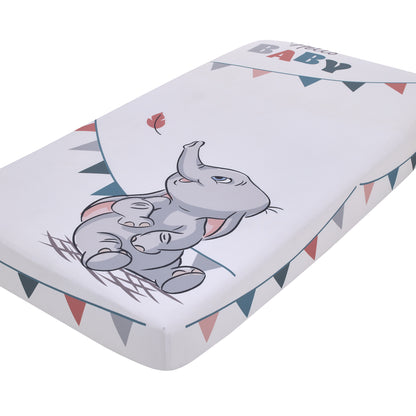 Disney Dumbo Gray, Teal, and White "Hello Baby" Nursery Photo Op Fitted Crib Sheet