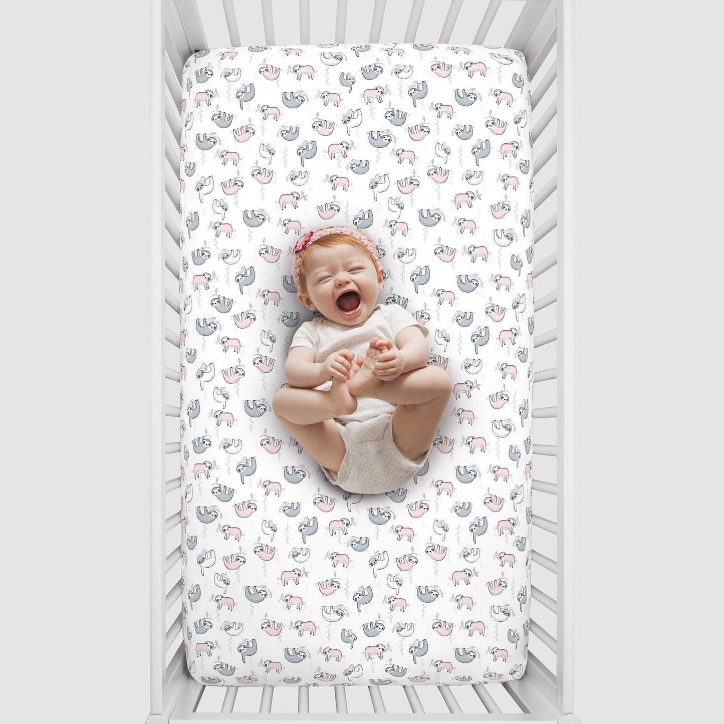 NoJo Super Soft Pink, Grey and White Sloth Fitted Crib Sheet