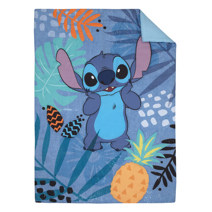 Disney Stitch Weird But Cute Blue, Teal and Coral 4 Piece Toddler Bed Set - Comforter, Fitted Bottom Sheet, Flat Top Sheet, and Reversible Pillowcase