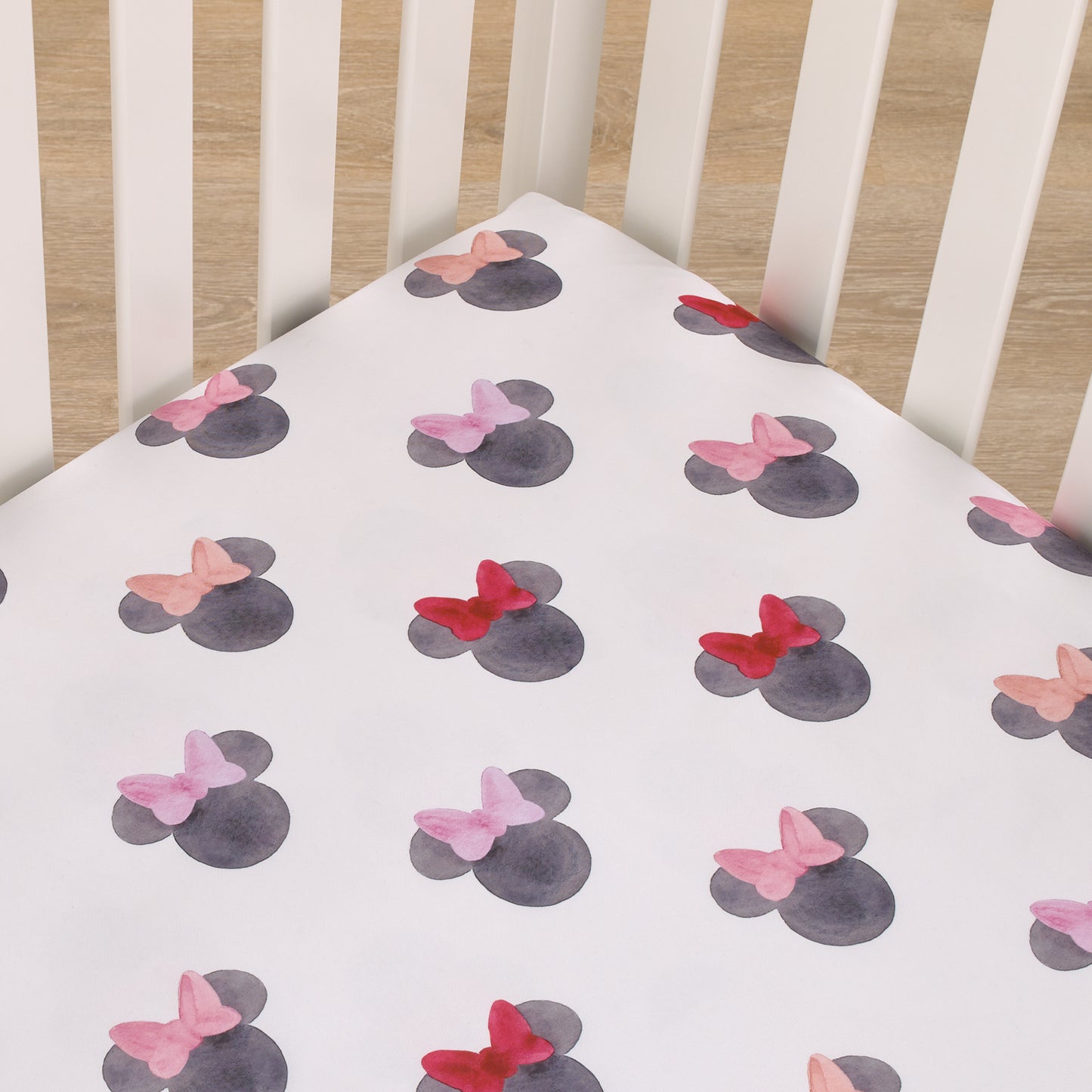 Disney Minnie Mouse - Black, White, Red and Pink Watercolor Minnie Ears Nursery Fitted Mini Crib Sheet