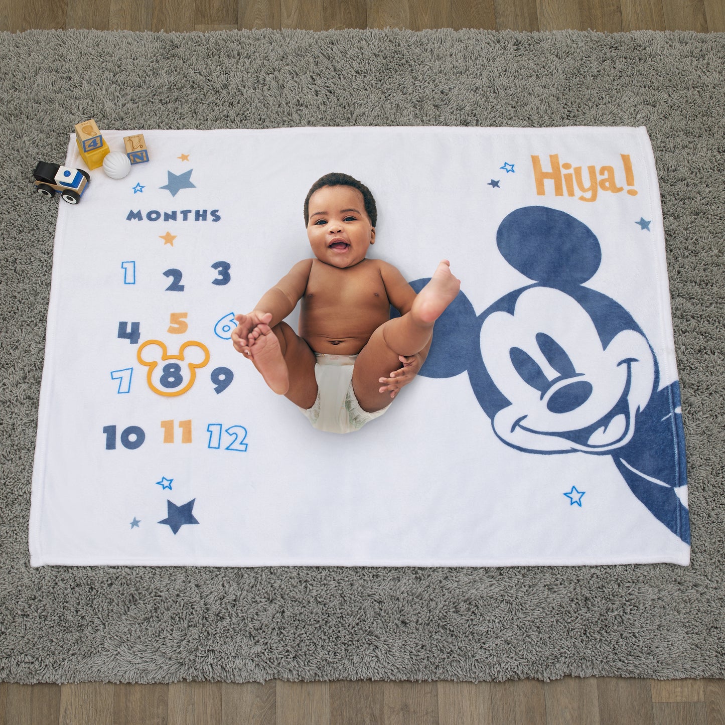 Disney Mickey Mouse White, Blue, and Orange Super Soft Milestone Baby Blanket