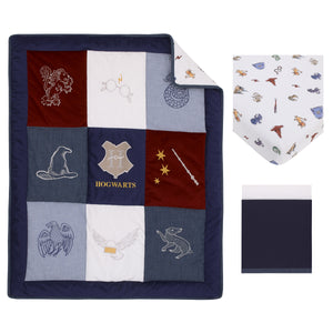 Warner Bros  Harry Potter Welcome Little Wizard Navy, Burgundy, Denim Blue and White, Appliqued 3 Piece Crib Bedding Set - Comforter, Fitted Crib Sheet, and Crib Skirt