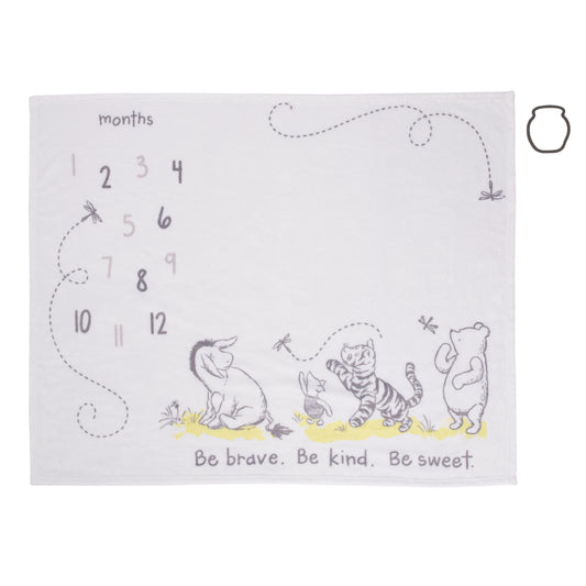 Disney Classic Winnie The Pooh, White, Grey and Lime Super Soft Milestone Baby Blanket