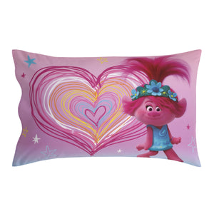 Trolls Show Up Glow Up Pink and Blue, Hearts and Stars 4 Piece Toddler Bed Set - Comforter, Fitted Bottom Sheet, Flat Top Sheet, and Reversible Pillowcase