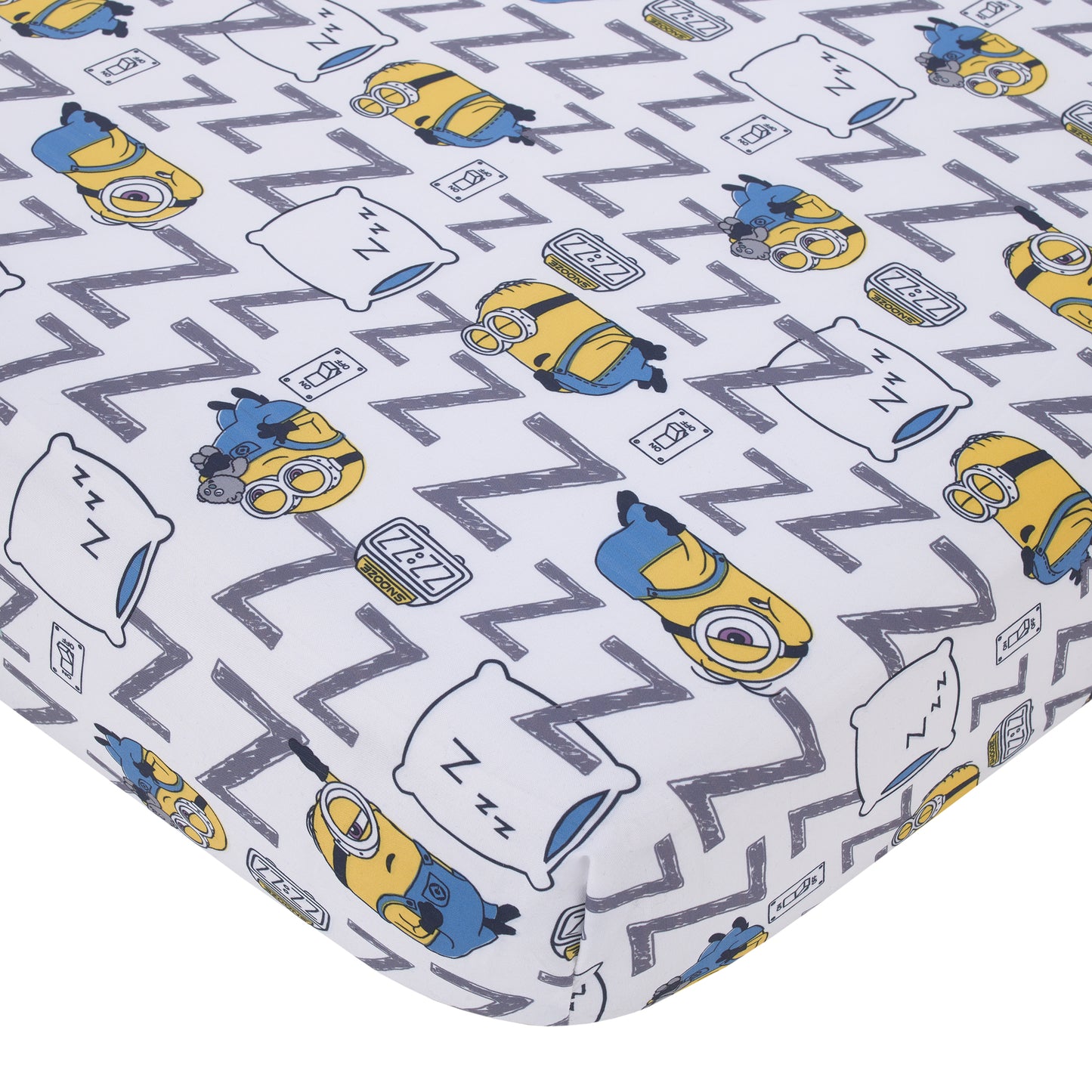 Illumination Lazy Minions Club Gray, Blue, Yellow, and White Let Me Sleep 4 Piece Toddler Bed Set - Comforter, Fitted Bottom Sheet, Flat Top Sheet, and Reversible Pillowcase