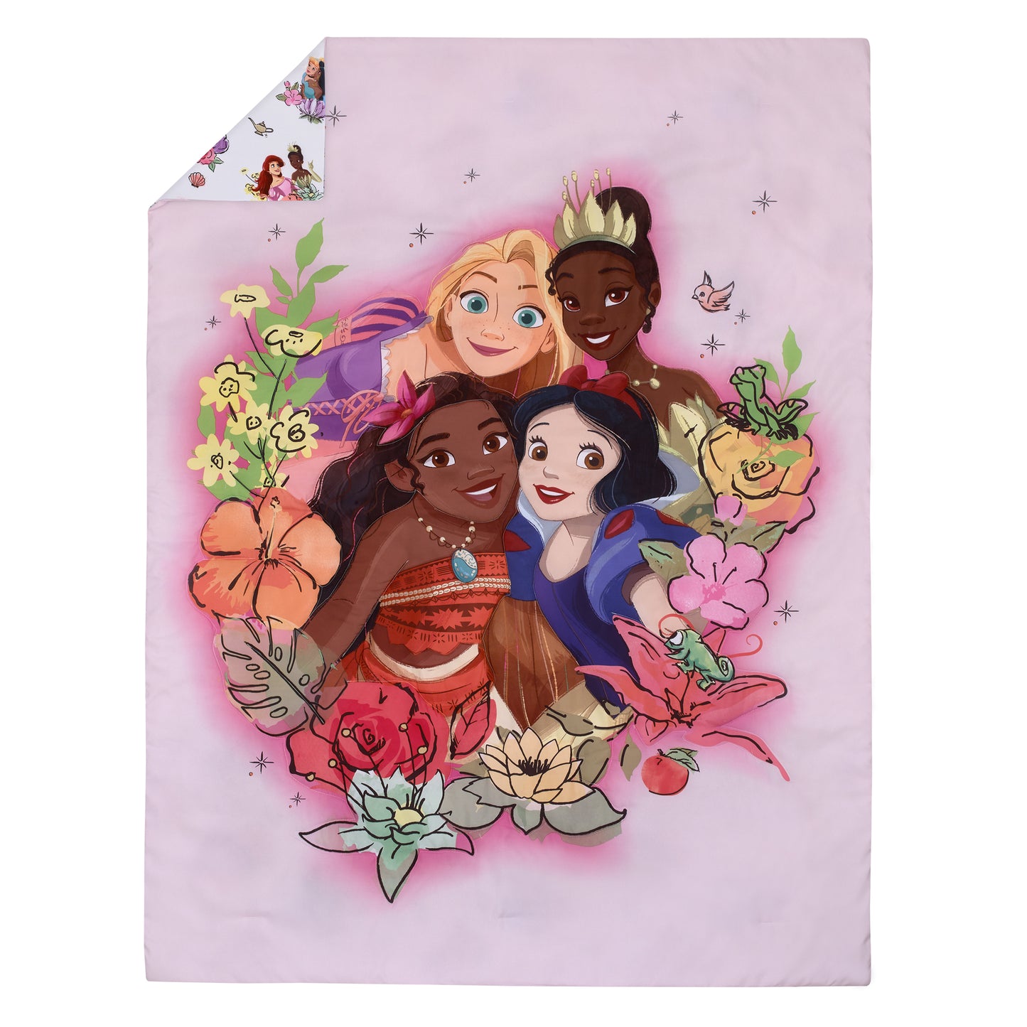 Disney Princesses Courage and Kindness Pink, Blue, and White, Rapunzel, Ariel, Tiana, Moana, Jasmine, Cinderella, Mulan, Belle, and Snow White 4 Piece Toddler Bed Set - Comforter, Fitted Bottom Sheet, Flat Top Sheet, and Reversible Pillowcase