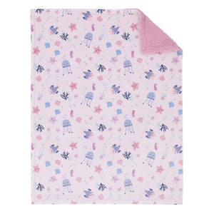 NoJo Mermaid Lagoon Pink and Blue Seashells, Jellyfish, Coral, and Seahorses Super Soft Sherpa Baby Blanket