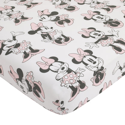 Disney Minnie Mouse 6 Piece Nursery Crib Bedding Set, Comforter, Two 100% Cotton Fitted Crib Sheets, Dust Ruffle, Baby Blanket, Changing Pad Cover, Pink, Grey & White