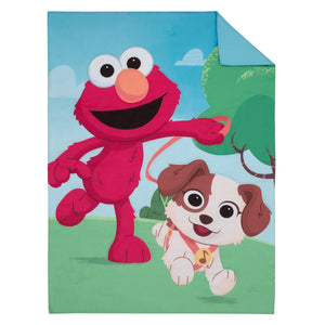 Sesame Street Furry Friends Blue, Green and Red Elmo and Puppy 4 Piece Toddler Bed Set - Comforter, Fitted Bottom Sheet, Flat Top Sheet and Reversible Pillowcase