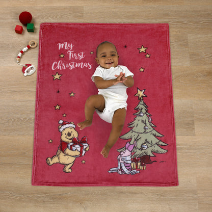 Disney Winnie the Pooh and Piglet Red and Green Holiday Christmas Tree "My First Christmas" Photo Op Super Soft Baby Blanket