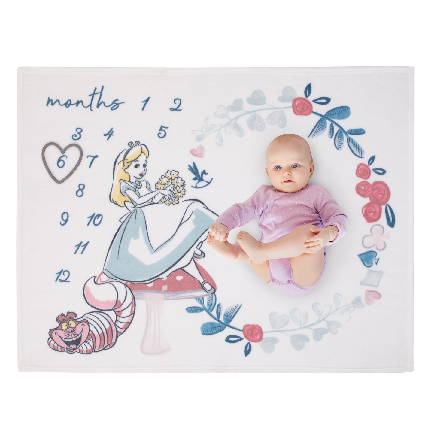 Disney Alice in Wonderland White, Pink, and Blue Cheshire Cat Super Soft Photo Op Milestone Baby Blanket