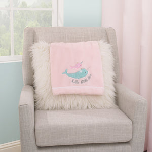 Under the Sea Whimsy Pink and Blue Narwhals Super Soft Appliqued Baby Blanket