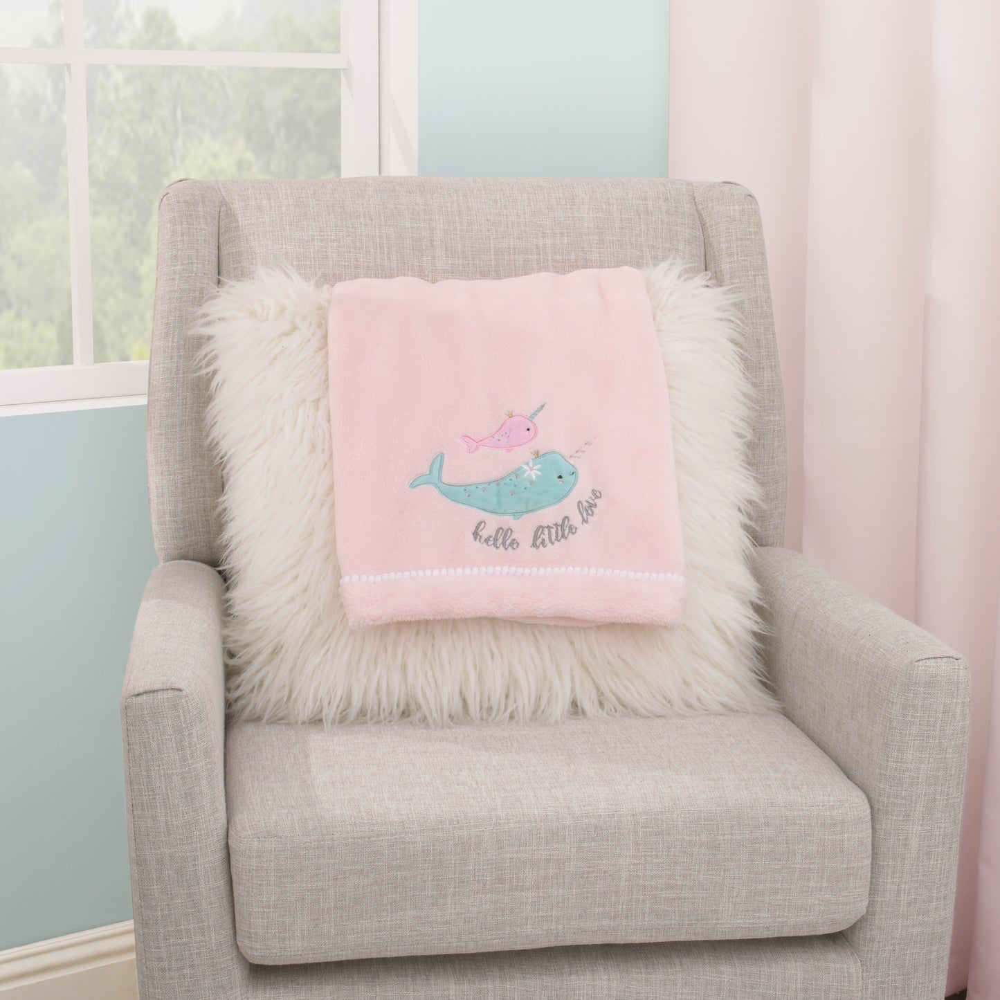NoJo Under the Sea Whimsy Pink and Blue Narwhals Super Soft Appliqued Baby Blanket