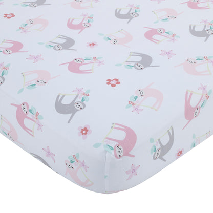 Little Love by NoJo Tropical Garden Pink, Grey, and White Sloth Super Soft Fitted Crib Sheet