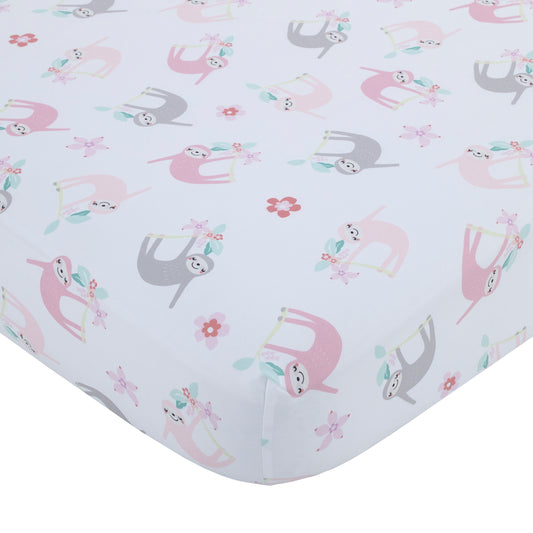 Tropical Garden Pink, Grey, and White Sloth Super Soft Fitted Crib Sheet