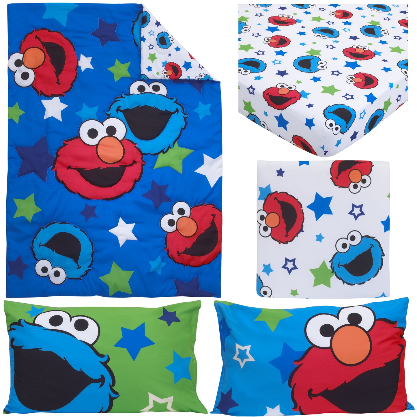 Sesame Street Awesome Buds - Red, Blue, Green, White 4pc Toddler Bed Set with Elmo and Cookie Monster