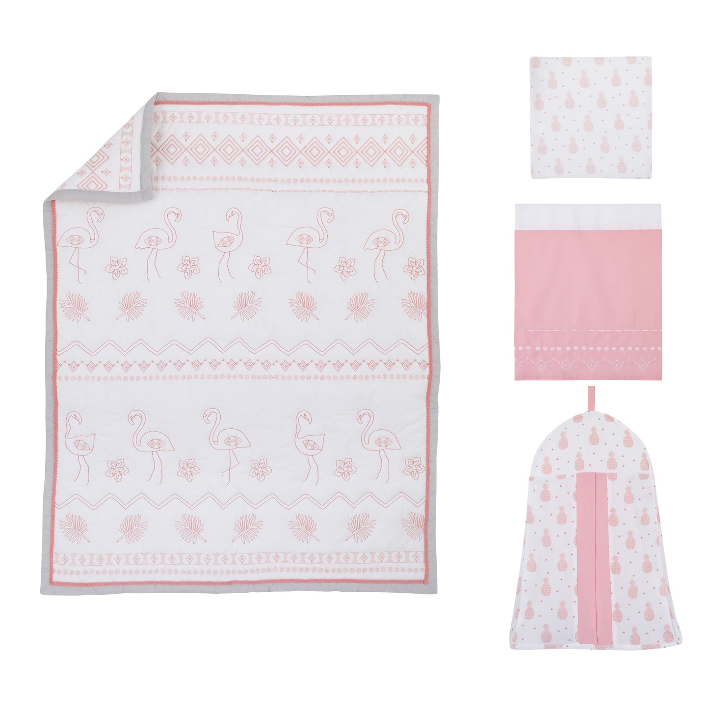 NoJo Tropical Flamingo Pink & White 100% Cotton 4 Piece Nursery Crib Bedding Set - Embroidered Quilt, Fitted Sheet, Dust Ruffle, and Diaper Stacker