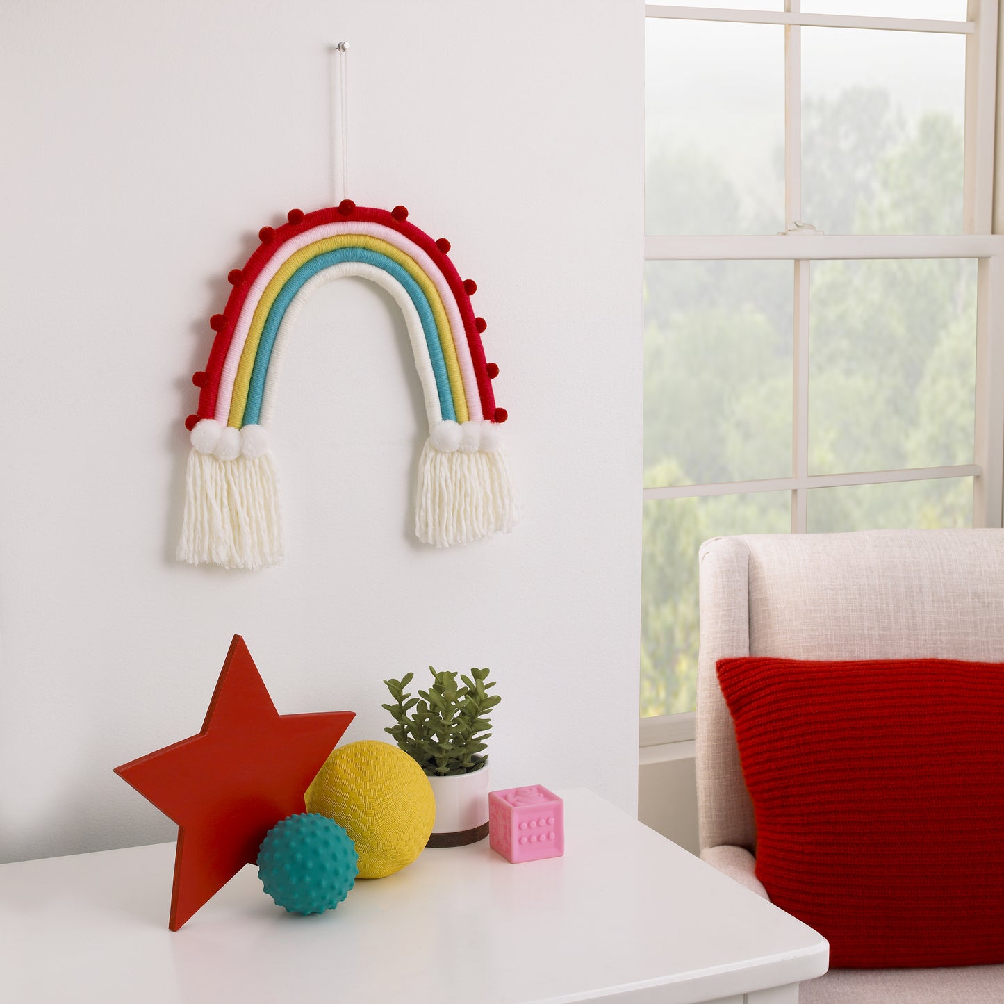 Little Love by NoJo Rainbow Tapestry Red, Pink, Yellow, Blue and White Yarn Wall Décor