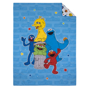 Sesame Street Come and Play Blue, Green, Red and Yellow, Elmo, Big Bird, Cookie Monster, Grover, and Oscar the Grouch 4 Piece Toddler Bed Set - Comforter, Fitted Bottom Sheet, Flat Top Sheet, and Reversible Pillowcase