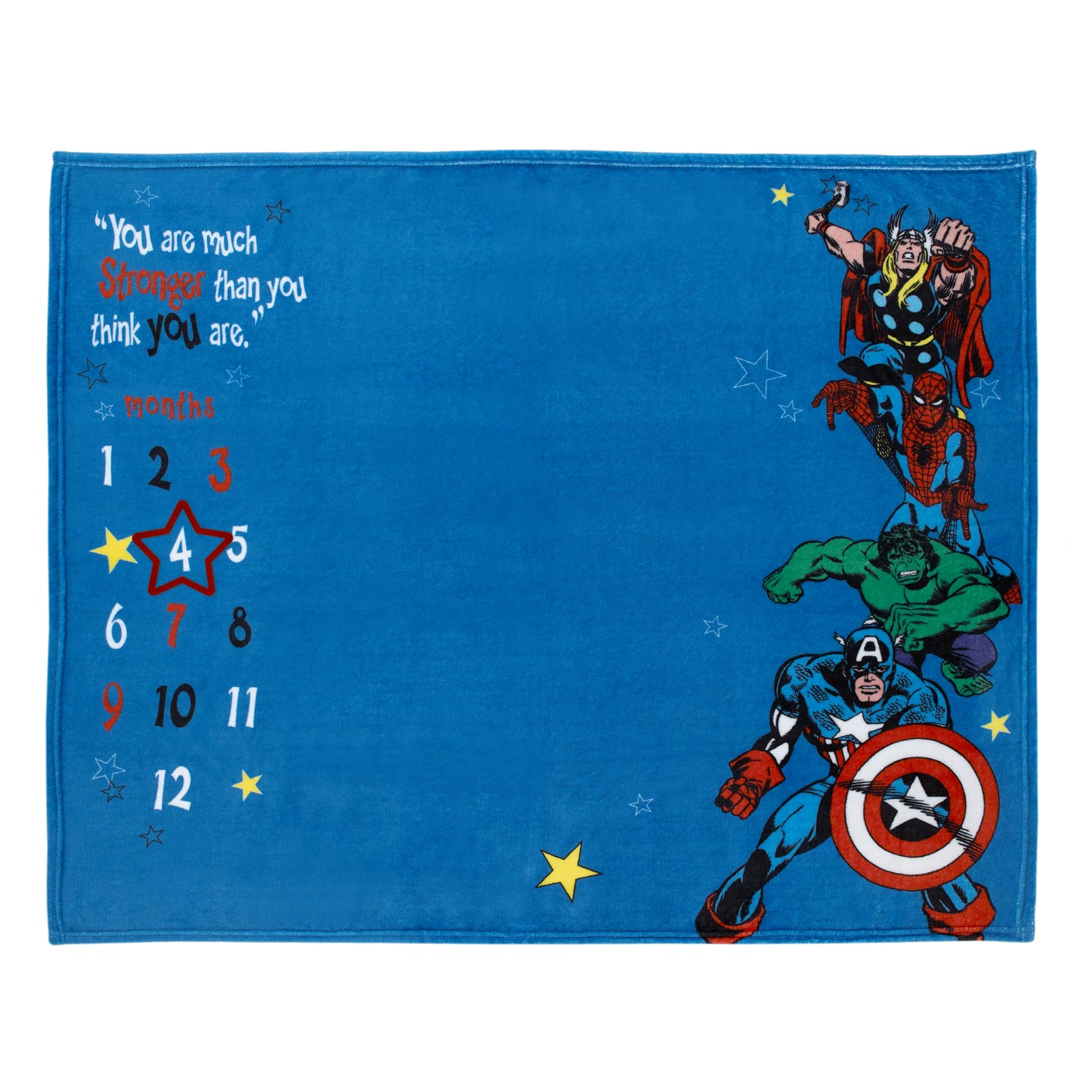 Marvel Comics Blue, Red and Green, Captain America, Hulk, Spiderman and Thor Super Soft Milestone Baby Blanket