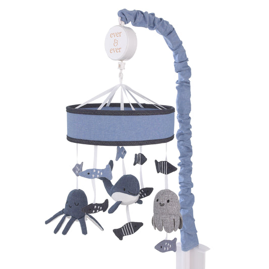 NoJo Marine Navy, Chambray, and Gray Plush Whales, Octopus, and Fishes Musical Mobile