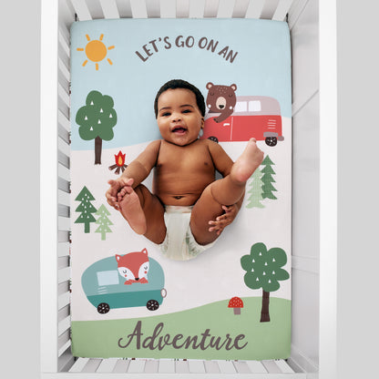 Little Love by NoJo Retro Happy Camper Green and White Let's Go On an Adventure Photo Op Fitted Mini Crib Sheet